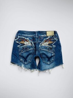 VTG Red Pepper Archival Feather Embellished Grommet Ultra Low Rise Jorts